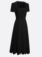 Black Asymmetric Classic Scalloped Square Neck Short Sleeve A-Line Midi Dress