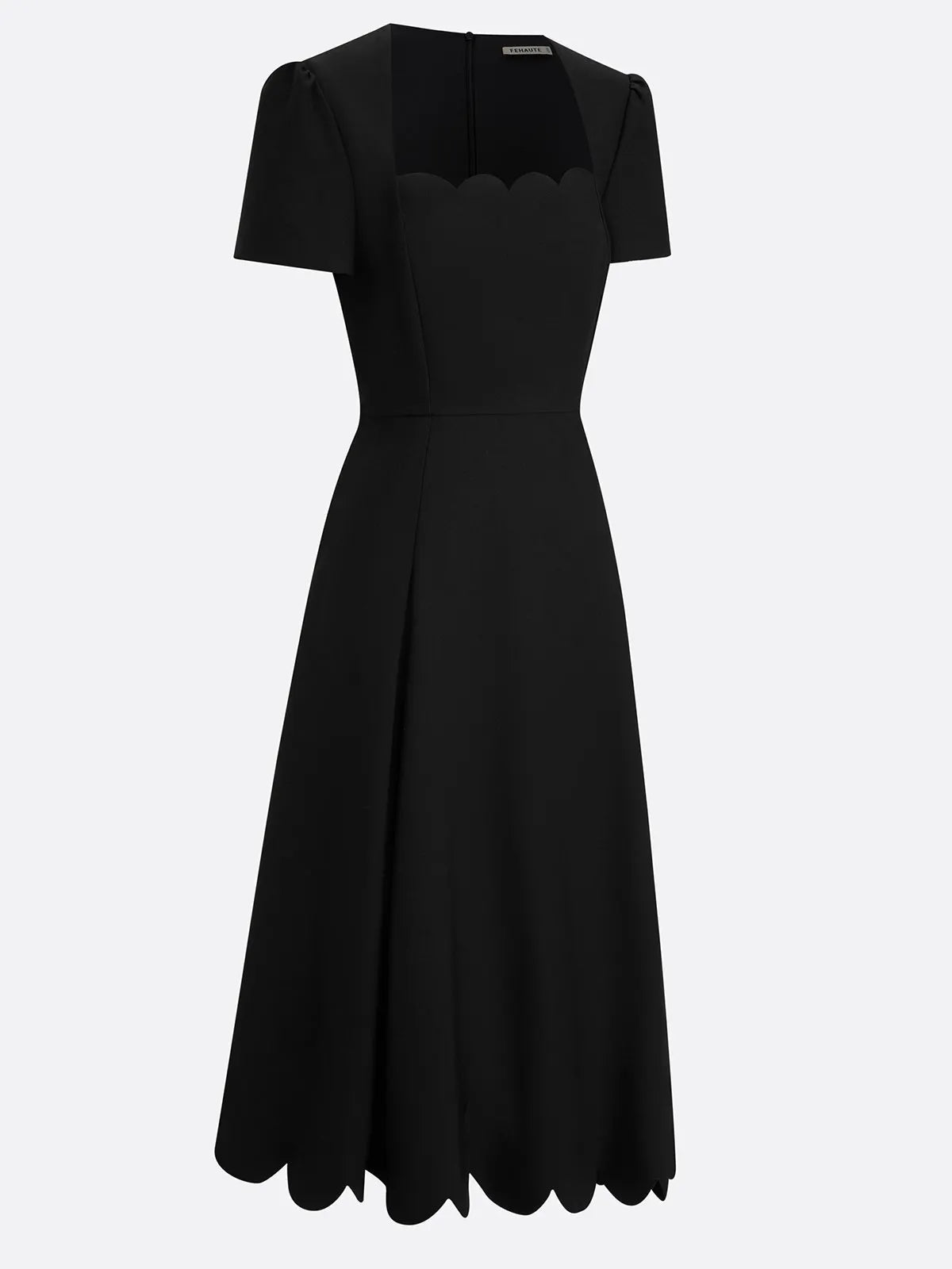 Black Asymmetric Classic Scalloped Square Neck Short Sleeve A-Line Midi Dress