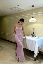 Cocoslly Spaghetti Straps Sleeveless High Waist Long Mermaid Prom Dress | Red Lace LR0435