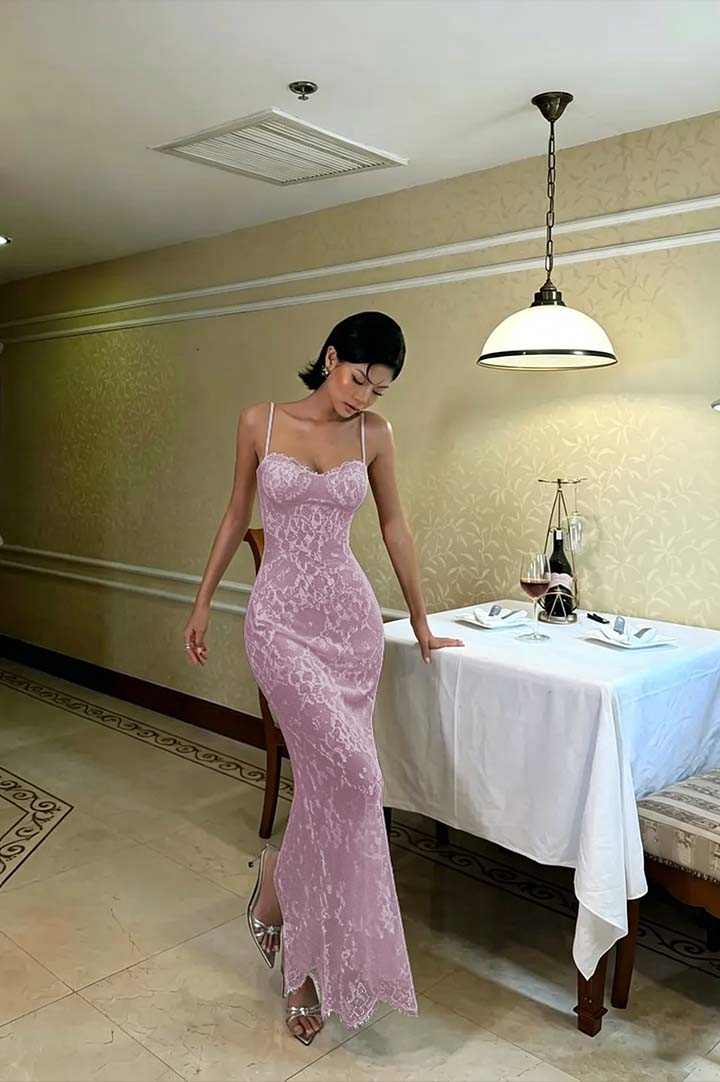 Cocoslly Spaghetti Straps Sleeveless High Waist Long Mermaid Prom Dress | Red Lace LR0435