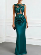 Cyan Jacquard Ruched Satin Boat Neck Sleeveless Sheath Floor-length Gown Dress