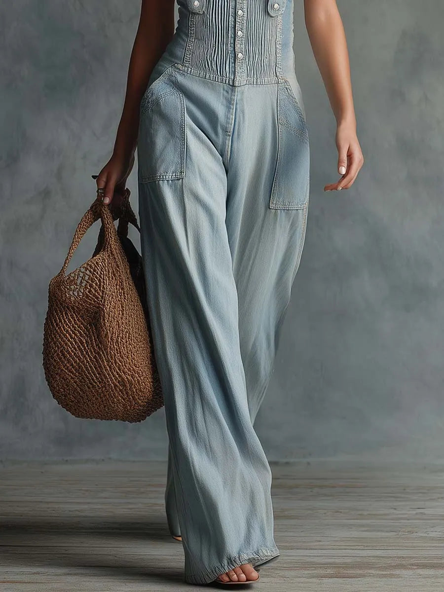 Retro Personality Light Blue Distressed Denim Overalls Jumpsuit