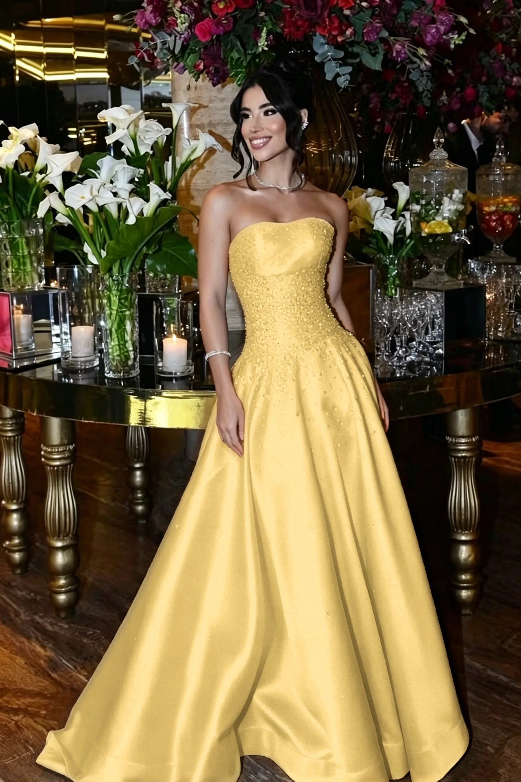 Cocoslly Strapless Sleeveless High Waist Long Prom Dress With Sequins | Royal Blue Satin LR0331