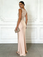 Light Pink Embroidery Satin Crew Neck Sleeveless Sheath Gown Dress