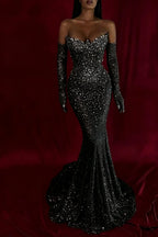 Cocoslly Strapless Sleeveless High Waist Long Mermaid Prom Dress With Rhinstone And Gloves | Smoky Silver Sequins WQ0579