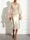 Champagne Mesh Satin V Neck Long Sleeve Bell Sleeve Sheath Midi Dress