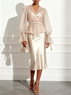 Champagne Mesh Satin V Neck Long Sleeve Bell Sleeve Sheath Midi Dress