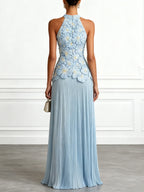 Light Blue Jacquard Chiffon Halter Neck Sleeveless A-Line Floor-length Gown Dress