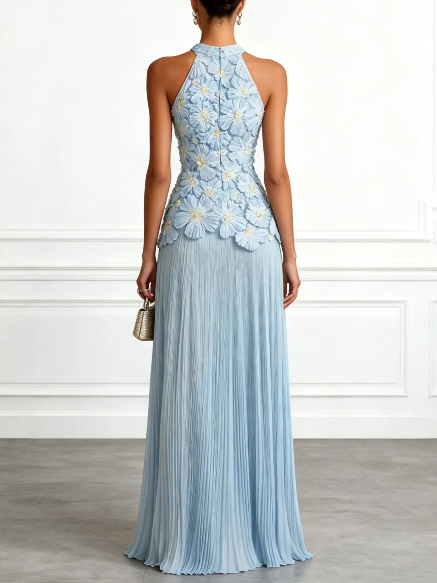 Light Blue Jacquard Chiffon Halter Neck Sleeveless A-Line Floor-length Gown Dress