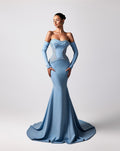 Cocoslly Strapless Sleeveless Long Mermaid Prom Dress With Gloves And Rhinstone | Blue Satin CO0033