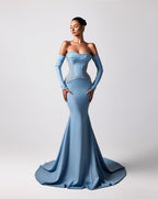 Cocoslly Strapless Sleeveless Long Mermaid Prom Dress With Gloves And Rhinstone | Blue Satin CO0033