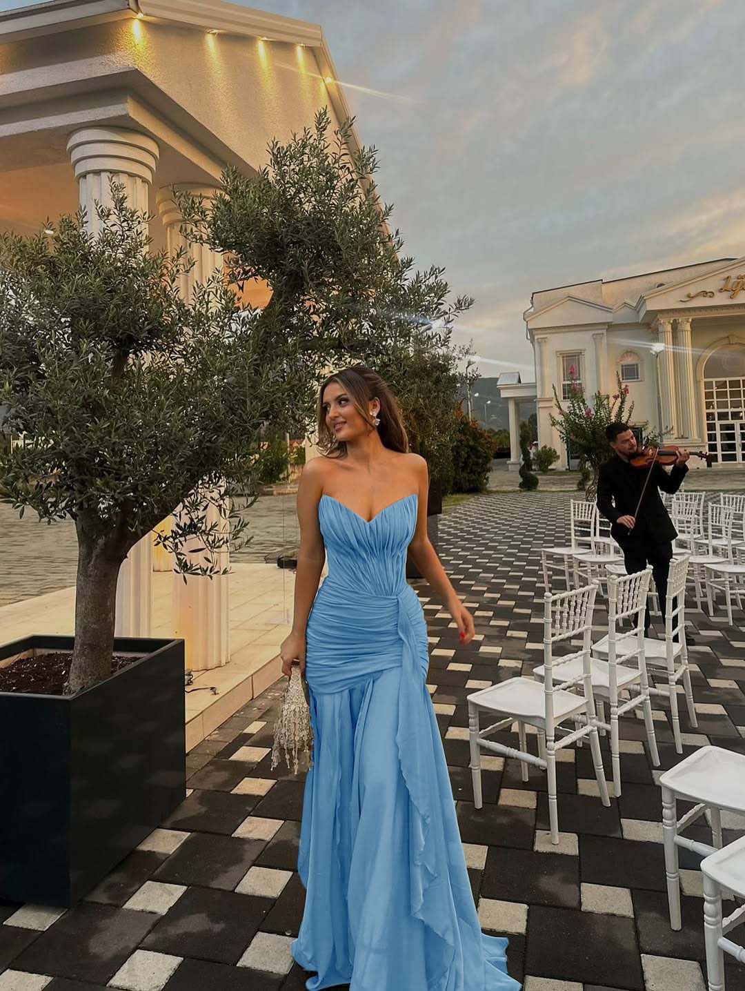 Strapless V Neck Sleeveless Long Prom Dress With Pleated Ruffle YK0492