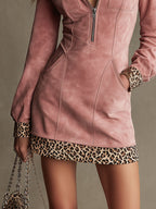 Western Retro Long-Sleeved Leopard Print Pink Faux Suede Mini Dress