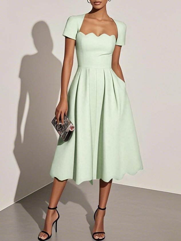 Light Blue Asymmetric Classic Square Neck Short Sleeve A-Line Midi Dress