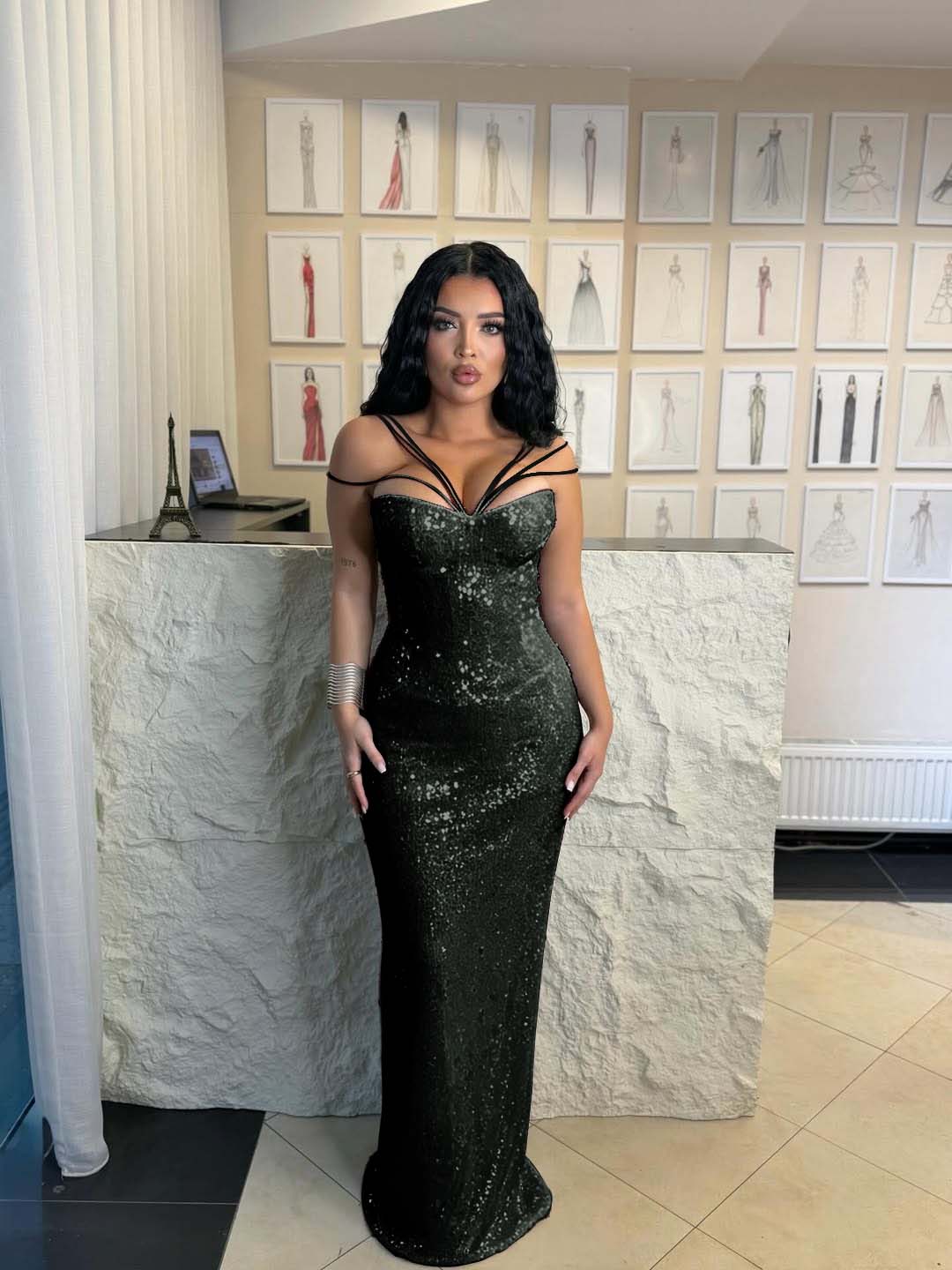 Cocoslly Spaghetti Straps Sleeveless High Waist Long Mermaid  Prom Dress | Brown Sequins YK0969