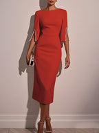 Navy Blue Faux Pearl Classic Crew Neck Half Sleeve Sheath Midi Dress
