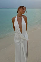 Cocoslly Halter Deep Neck Sleeveless High Waist Long Prom Dress With Pleated | White Satin CO0053