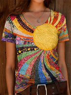 Women's Vintage Boho Sun Collage Floral Art Print Casual T-shirt