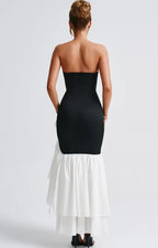 Cocoslly Strapless Sleeveless High Waist Long Prom Dress With Split And Ruffles | Black And White Satin CO0132