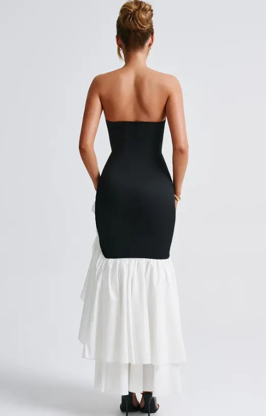 Cocoslly Strapless Sleeveless High Waist Long Prom Dress With Split And Ruffles | Black And White Satin CO0132