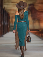 Western Green Faux Suede One-Shoulder Slit Patchwork Tassel Midi Dress