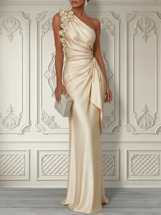 Burgundy 3D Floral Ruched Satin One Shoulder Sleeveless Sheath Floor-length Gown Dress