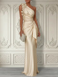 Champagne 3D Floral Ruched Satin One Shoulder Sleeveless Sheath Floor-length Gown Dress