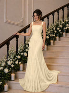 Cocoslly Wide Straps Square Neck Sleeveless High Waist Long Prom Dress With Pleated | Daffodil Chiffon YK1259