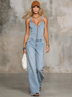 Retro Pink Denim Sleeveless Jumpsuit