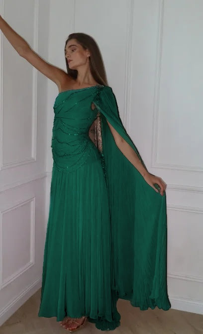 Cocoslly One Shoulder Sleeveless High Waist Long Prom Dress With Sequins | Pink Chiffon JZ0098