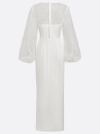 White Faux Pearl Side-Slit Classic Crew Neck Long Sleeve Puff Sleeve Sheath Bridal Gown Dress