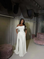 Tulle Off-The-Shoulder Strapless Sleeveless Long Mermaid Prom Dress With Pleated And Train YK0619