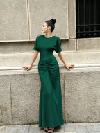Cocoslly Round Neck Short Sleeves High Waist Long Prom Dress With Pleated | Wine Red Satin DB0023