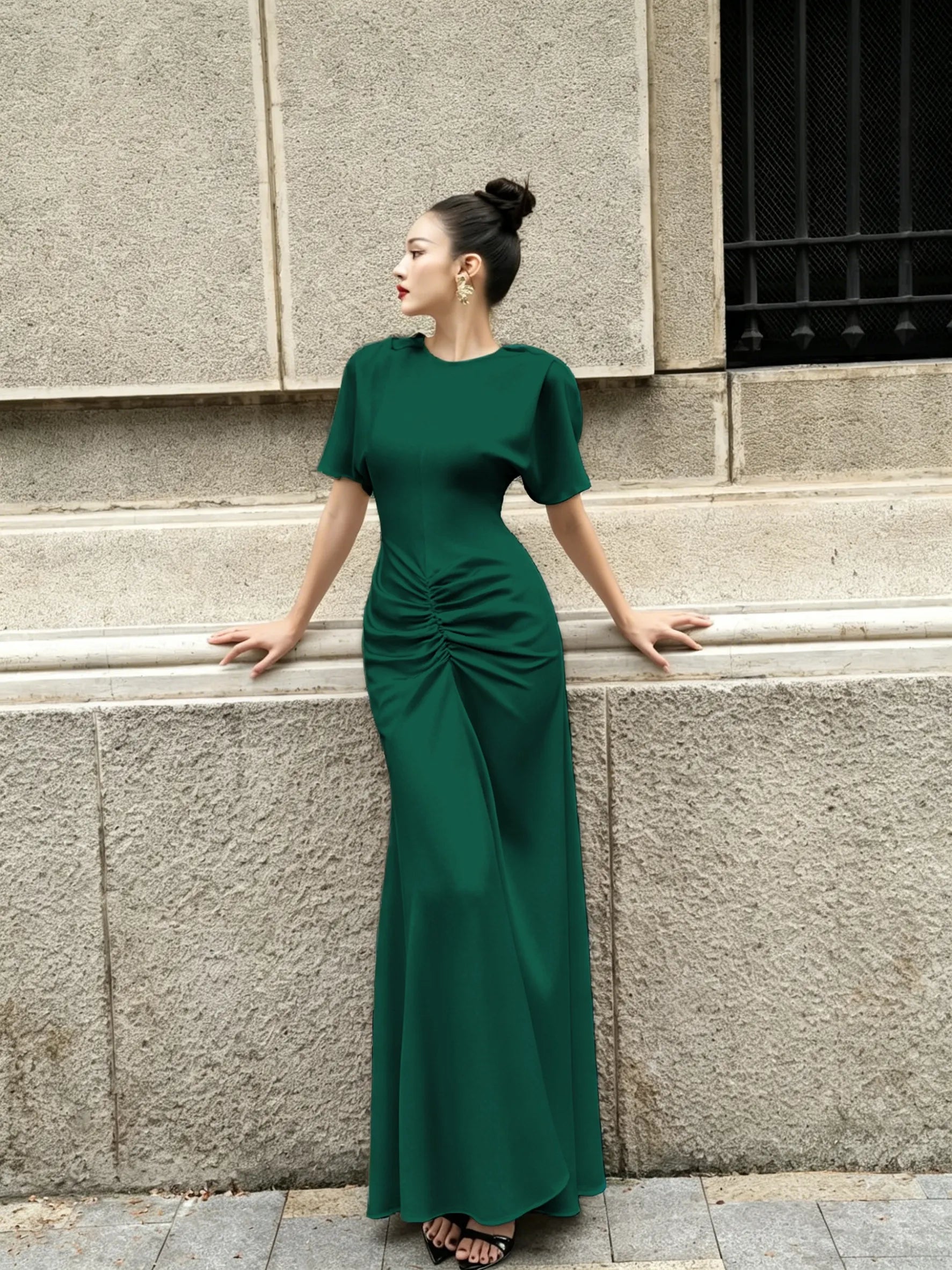 Cocoslly Round Neck Short Sleeves High Waist Long Prom Dress With Pleated | Wine Red Satin DB0023