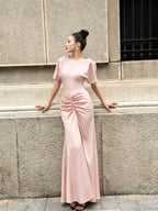 Cocoslly Round Neck Short Sleeves High Waist Long Prom Dress With Pleated | Wine Red Satin DB0023