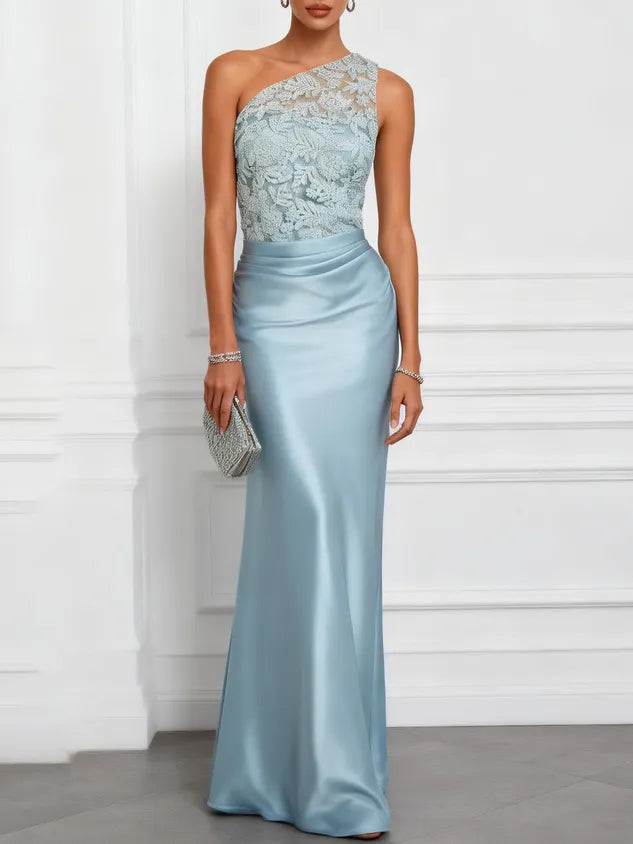 Light Blue Lace Embroidery Ruched Satin One Shoulder Sleeveless Mermaid Floor-length Gown Dress