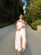 Cocoslly Off-The-Shoulder Sleeveless High Waist Long Split Prom Dress With Ruffles And Scarf | Daffodil Chiffon YK1279