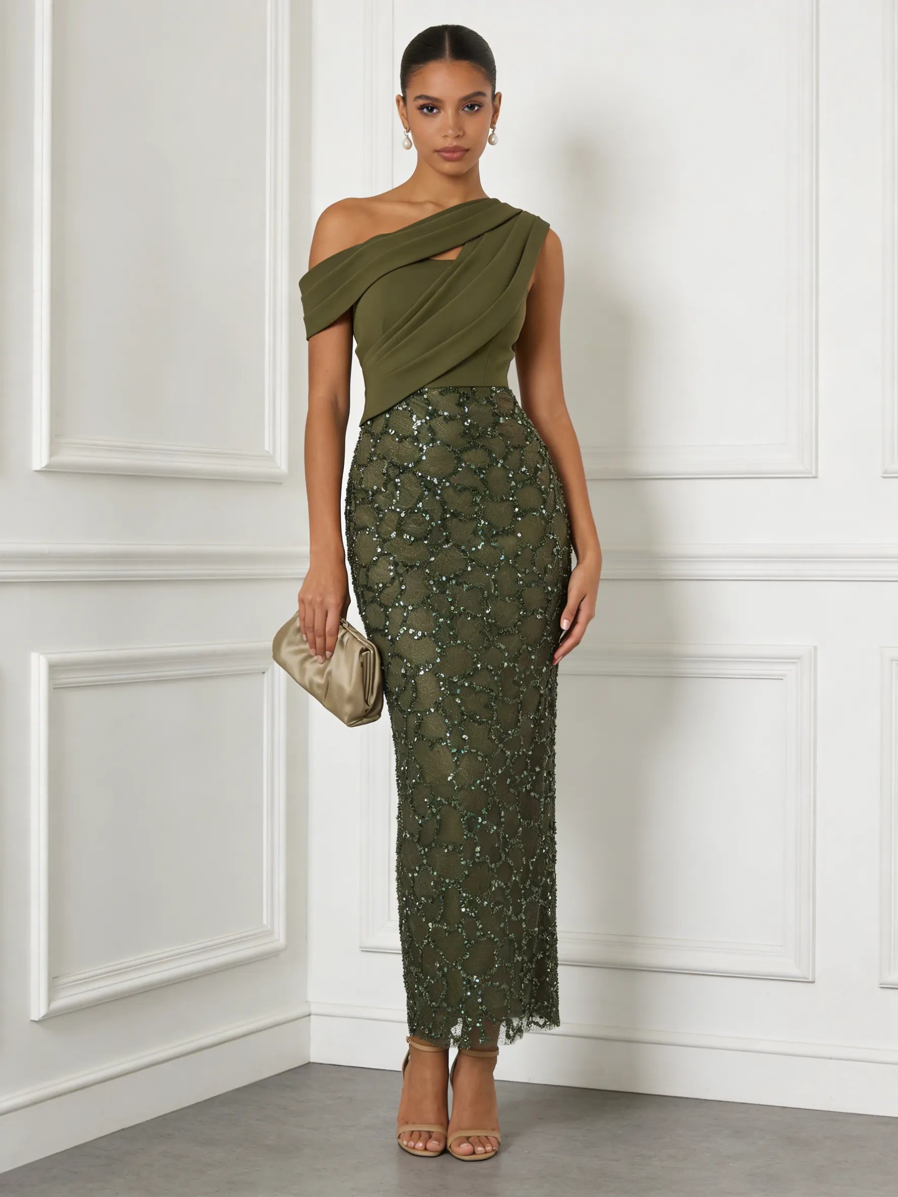 Olive Green Glitter Sequin Asymmetrical Sleeveless Sheath Maxi Dress