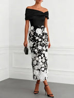 Navy Blue 3D Floral Applique Classic Off The Shoulder Short Sleeve Sheath Midi Dress
