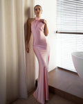 Cocoslly Halter Sleeveless High Waist Backless Long Mermaid Prom Dress | Pink Satin WT0121