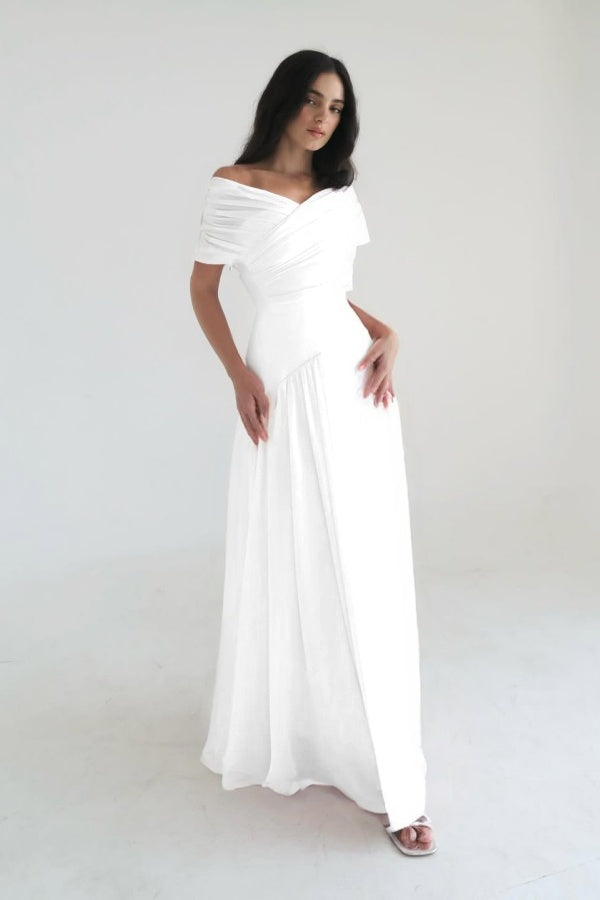 Chiffon Off the Shoulder Sleeveless Long Prom Dress With Pleated WQ0385