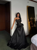 Black Satin Sweetheart Strapless Sleeveless Long A-Line Prom Dress With Pleated YK0695