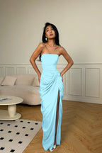 Cocoslly Strapless Sleeveless High Waist Long Prom Dress With Split And Pleated | Ice Blue Satin YC0566