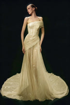 Cocoslly One Shoulder Sleeveless High Waist Long Prom Dress With Sequins | White Tulle YC0569
