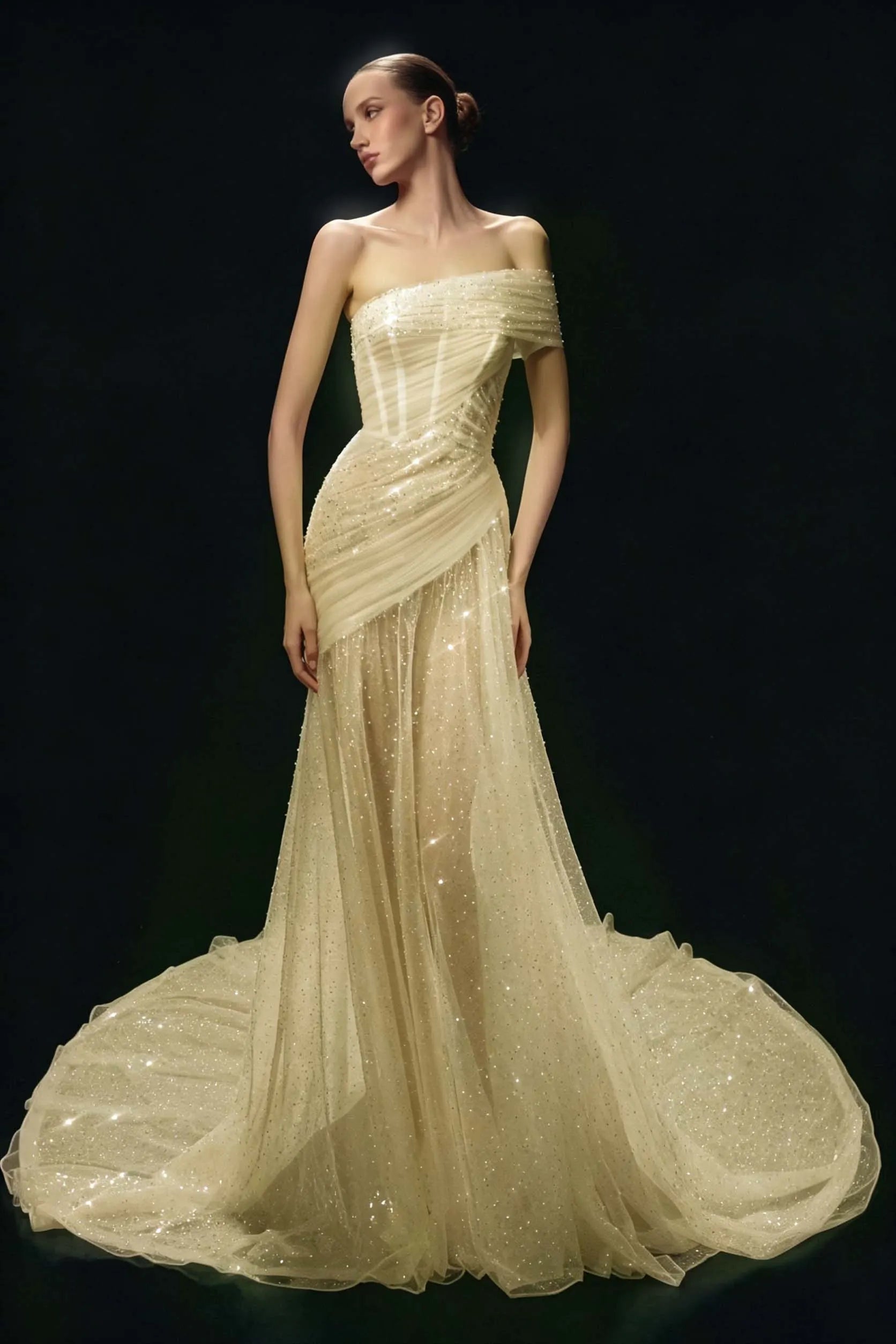 Cocoslly One Shoulder Sleeveless High Waist Long Prom Dress With Sequins | White Tulle YC0569