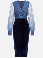 Navy Blue Mesh Split Joint Balloon Sleeve Sheath Midi Velvet Dress