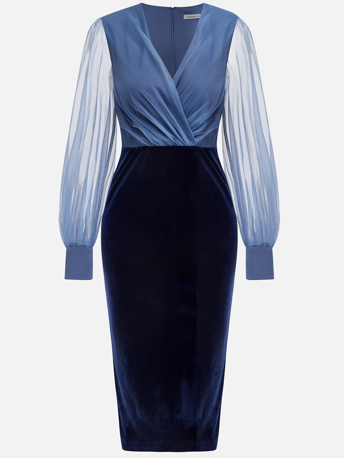 Navy Blue Mesh Split Joint Balloon Sleeve Sheath Midi Velvet Dress