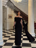 Cocoslly Off-The-Shoulder Sleeveless High Waist Long Mermaid Prom Dress | Black Satin CO0116