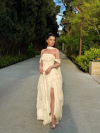 Cocoslly Off-The-Shoulder Sleeveless High Waist Long Split Prom Dress With Ruffles And Scarf | Daffodil Chiffon YK1279