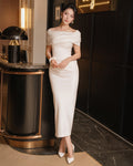 Cocoslly Off-The-Shoulder Square Neck Sleeveless High Waist Long Mermaid Prom Dress | Ivory Satin CO0021